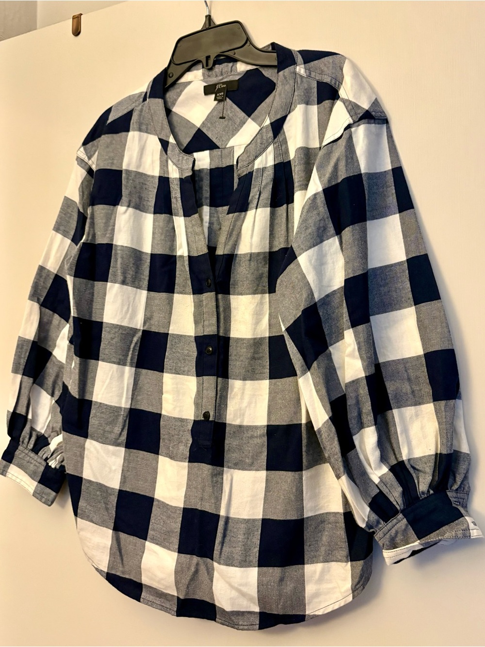 J. Crew Navy and White Buffalo Check Button-Front Blouse